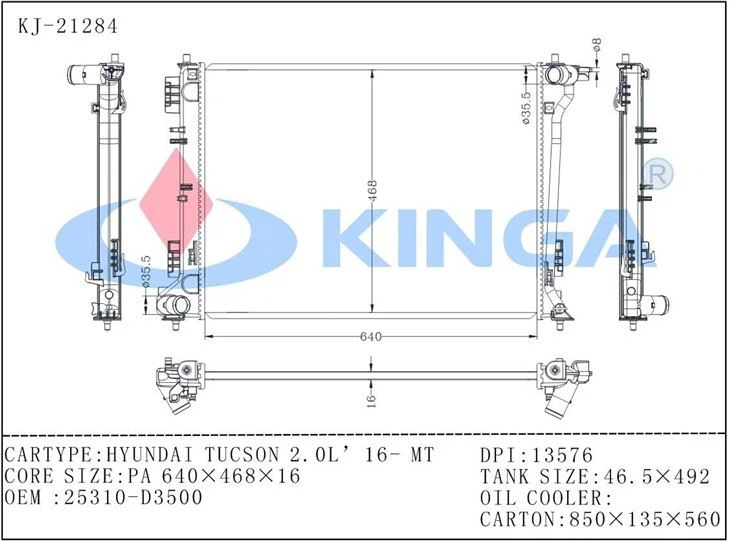 Auto Radiator Cooling Engine For HYUNDAI TUCSON 2.0L`16-MT